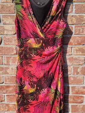Connected Apparel Pink Tropical Wrap Midi Dress with Green & Yellow Leaf Print